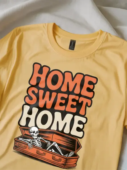 yellow lifestyle – spooky lounging skeleton tee coffin skeleton homebody t-shirt yellow