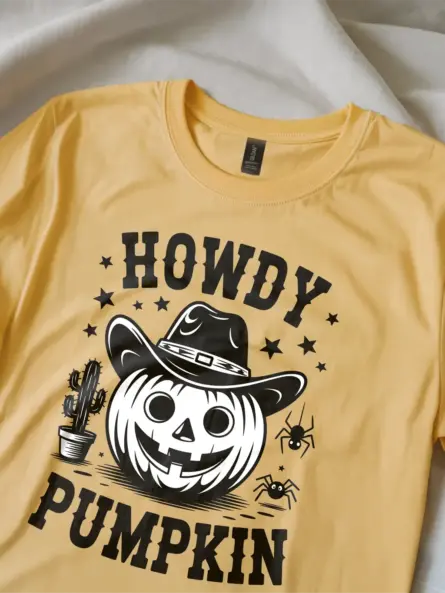 yellow close-up – cactus and spider graphic cowboy pumpkin Halloween shirt yellow