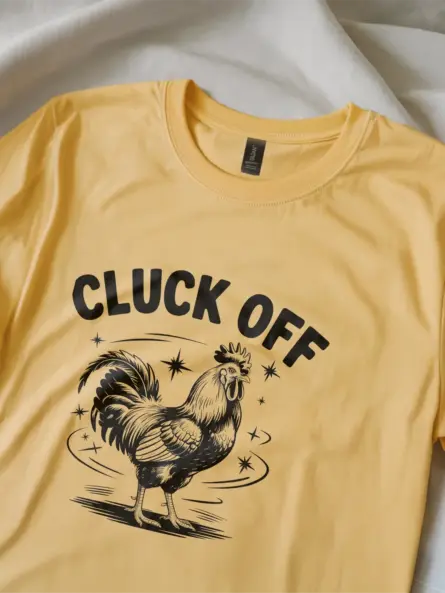 yellow Lifestyle shot of black cluck off chicken shirt for poultry enthusiasts