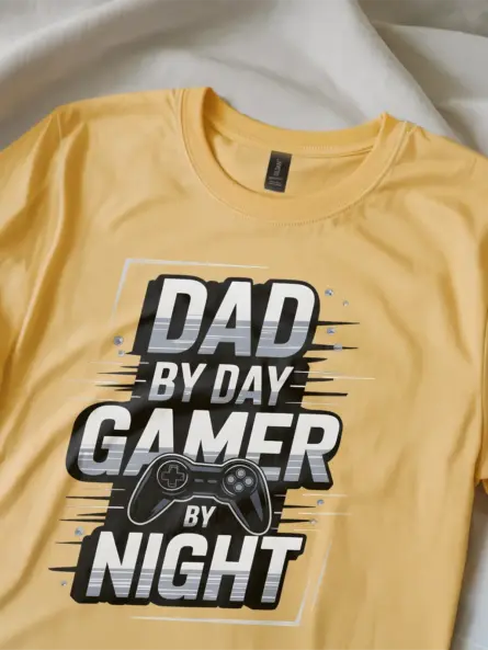 yellow Front view of dad by day gamer by night shirt with controller graphic