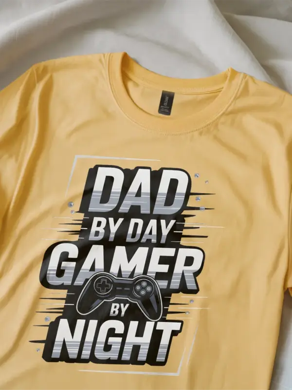 yellow Front view of dad by day gamer by night shirt with controller graphic