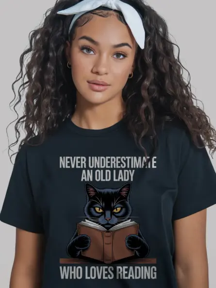 Bold & Funny Old Lady Reading T-Shirt – Cat Book Lovers Gift Tee - Image 3