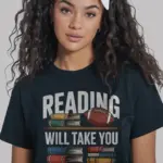 Black Shirt Front – Reading Will Take You Everywhere Design – student athlete reading shirt