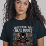Lifestyle image with black shirt being worn while reading – cat lover reading crochet t-shirt