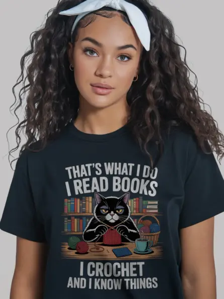 Funny Cat Lover Reading Crochet T-Shirt – Cozy Gift for Book Nerds - Image 3