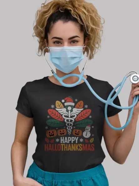 Funny Nurse Holiday Shirt – Hallothanksmas Tee for Healthcare Staff - Image 3