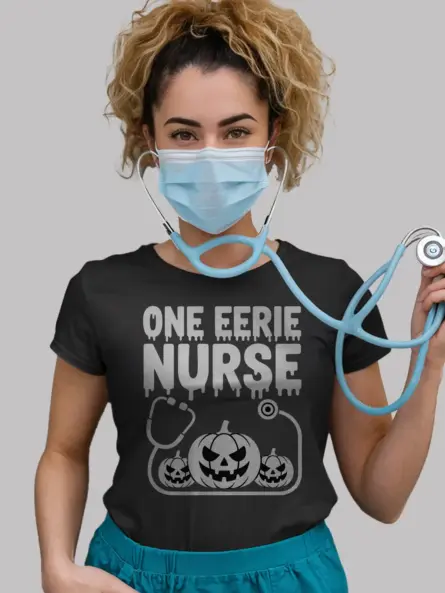 Eerie Nurse Shirt – Spooky Halloween Tee with Creepy Pumpkin Design - Image 3