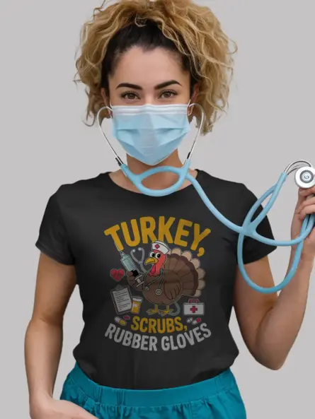 Funny Nurse Thanksgiving T-Shirt – Turkey Scrubs Rubber Gloves Tee - Image 3