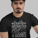 Black Front – cat book shirt black front view with paw prints and cat on books