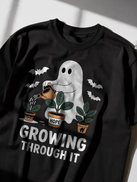 Growing Through It T-Shirt – Motivational Ghost Tee for Halloween - Image 2