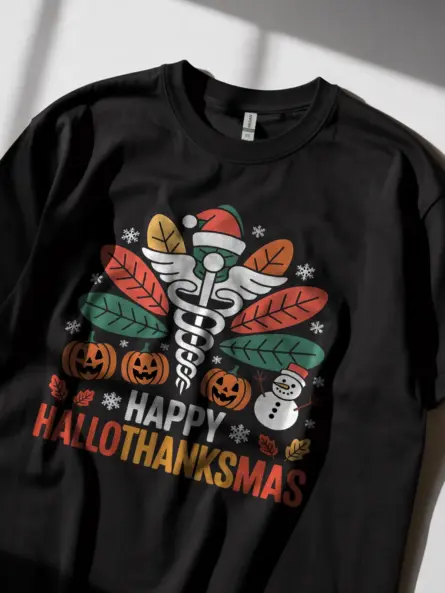 Funny Nurse Holiday Shirt – Hallothanksmas Tee for Healthcare Staff - Image 2