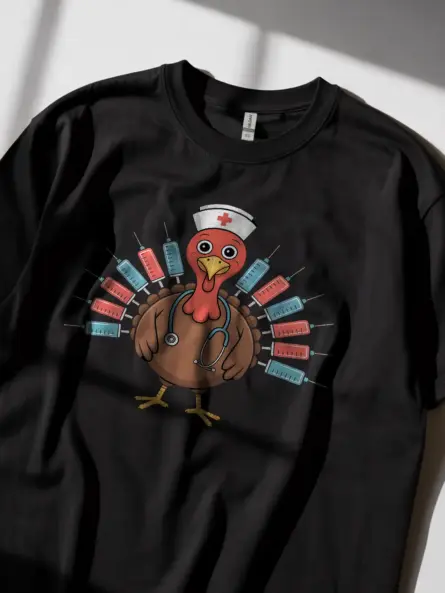 Thanksgiving Nurse TShirt – Funny Turkey Syringe Medical Tee - Image 2