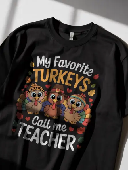 Playful Thanksgiving Teacher T-Shirt – Cute Turkey Classroom Design - Image 2