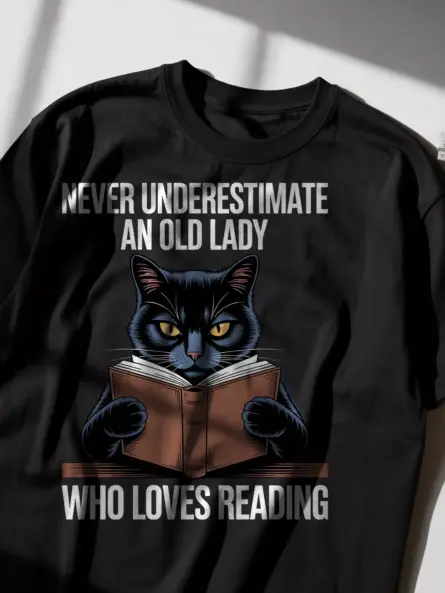 Bold & Funny Old Lady Reading T-Shirt – Cat Book Lovers Gift Tee - Image 2