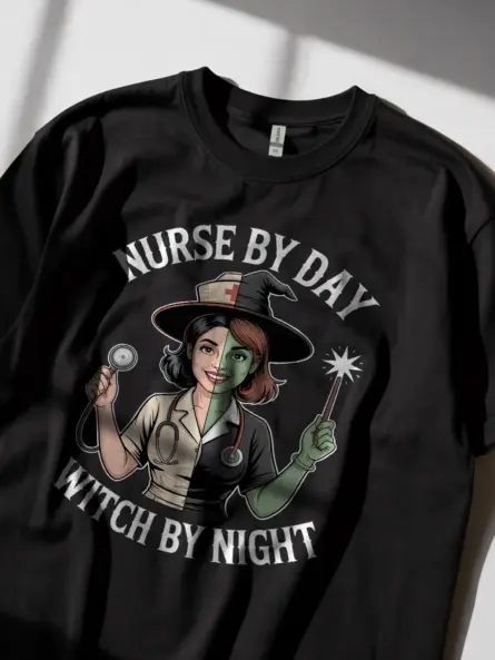 Nurse Witch T-Shirt – Funny Halloween Tee for Night Shift Nurses - Image 2