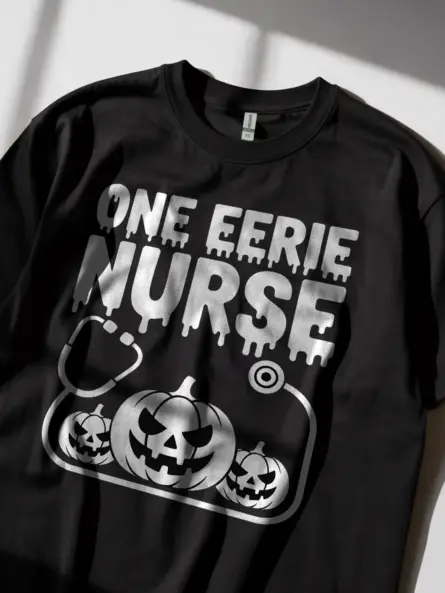 Eerie Nurse Shirt – Spooky Halloween Tee with Creepy Pumpkin Design - Image 2