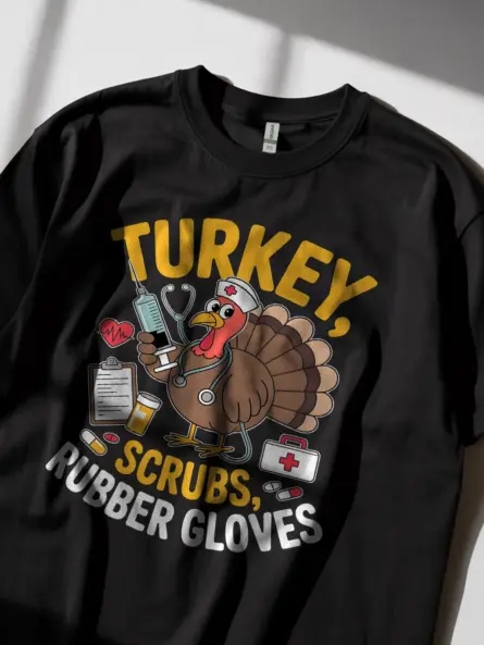 Funny Nurse Thanksgiving T-Shirt – Turkey Scrubs Rubber Gloves Tee - Image 2