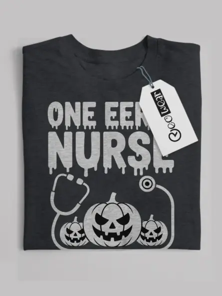 Eerie Nurse Shirt – Spooky Halloween Tee with Creepy Pumpkin Design - Image 4
