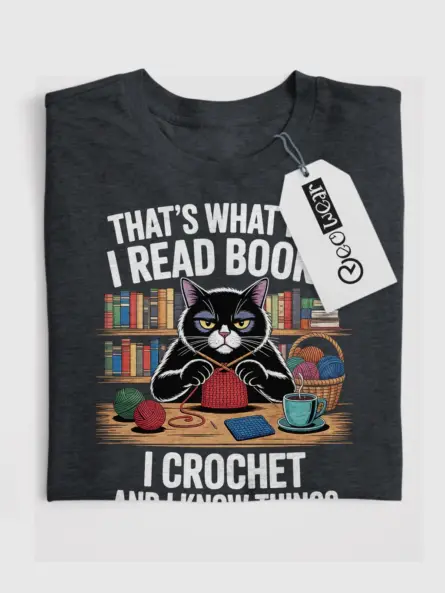 Funny Cat Lover Reading Crochet T-Shirt – Cozy Gift for Book Nerds - Image 4