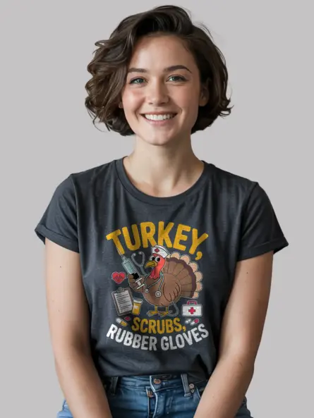Funny Nurse Thanksgiving T-Shirt – Turkey Scrubs Rubber Gloves Tee - Image 6