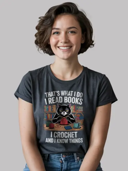 Funny Cat Lover Reading Crochet T-Shirt – Cozy Gift for Book Nerds - Image 6