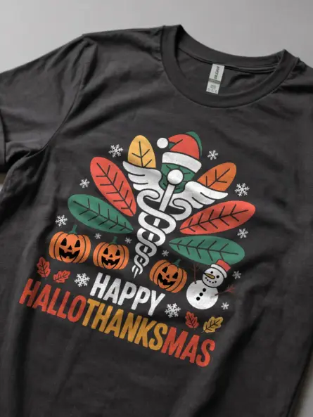 Funny Nurse Holiday Shirt – Hallothanksmas Tee for Healthcare Staff - Image 5