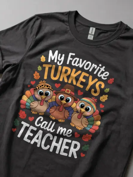 Playful Thanksgiving Teacher T-Shirt – Cute Turkey Classroom Design - Image 5