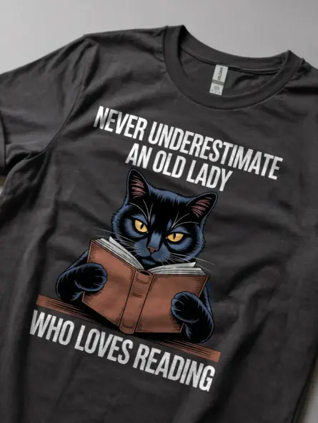 Bold & Funny Old Lady Reading T-Shirt – Cat Book Lovers Gift Tee - Image 5