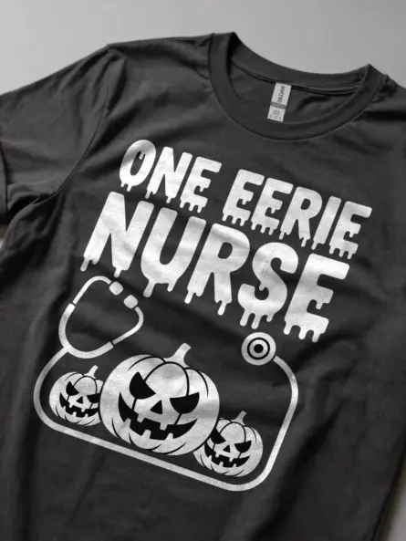 Eerie Nurse Shirt – Spooky Halloween Tee with Creepy Pumpkin Design - Image 5