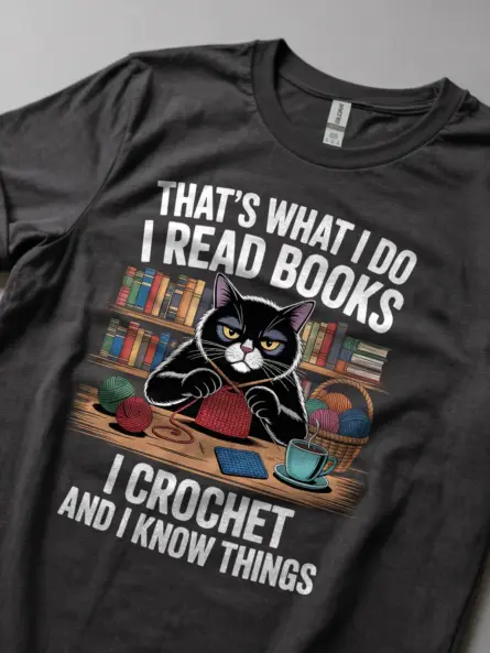 Funny Cat Lover Reading Crochet T-Shirt – Cozy Gift for Book Nerds - Image 5
