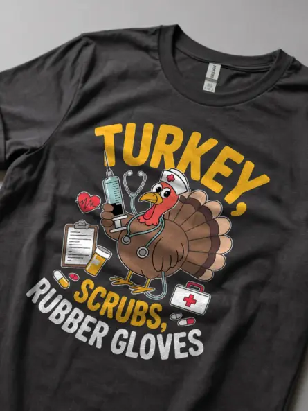 Funny Nurse Thanksgiving T-Shirt – Turkey Scrubs Rubber Gloves Tee - Image 5