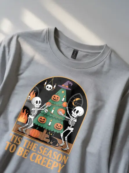 Creepy Holiday T-Shirt – Funny Skeleton Christmas & Halloween Mashup Tee - Image 2