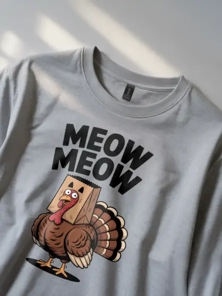 Funny Thanksgiving Turkey Shirt – Quirky “Meow Meow” Party Tee for Adults - Image 2