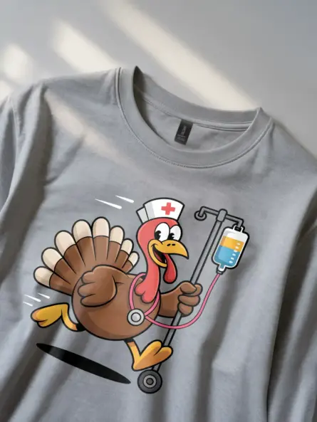 Funny Nurse Thanksgiving Shirt – Running Turkey Night Shift Tee - Image 2