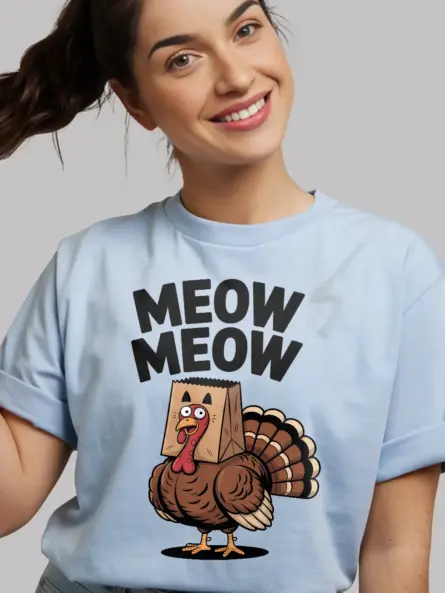 Funny Thanksgiving Turkey Shirt – Quirky “Meow Meow” Party Tee for Adults - Image 6