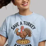 Light Blue Save a Turkey Eat Pizza thanksgiving pizza t-shirt front view