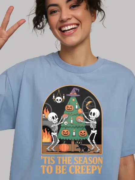 Creepy Holiday T-Shirt – Funny Skeleton Christmas & Halloween Mashup Tee - Image 6