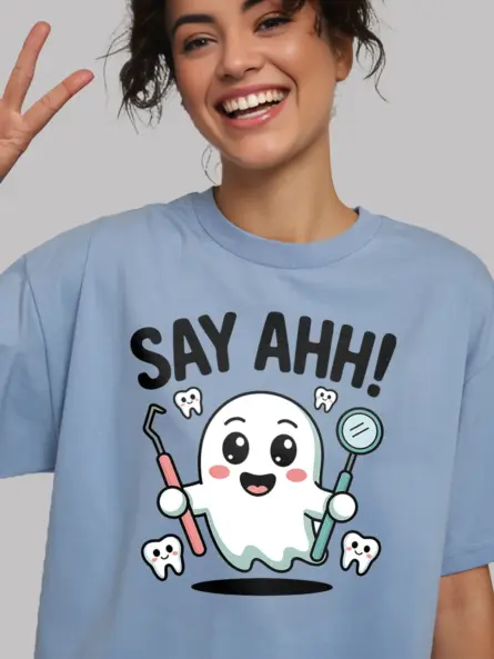 Halloween Dental T-Shirt – Cute Say Ahh Ghost Tee for Hygienists & Pediatric Dentists - Image 6