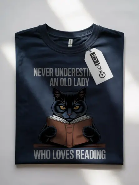 Bold & Funny Old Lady Reading T-Shirt – Cat Book Lovers Gift Tee - Image 7