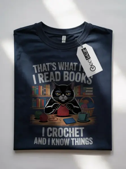 Funny Cat Lover Reading Crochet T-Shirt – Cozy Gift for Book Nerds - Image 7