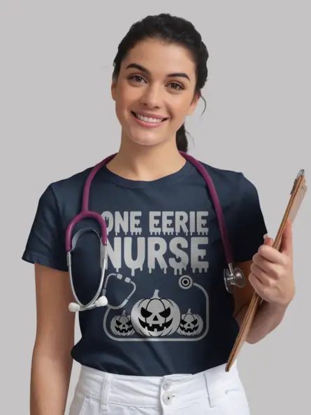 Eerie Nurse Shirt – Spooky Halloween Tee with Creepy Pumpkin Design - Image 9