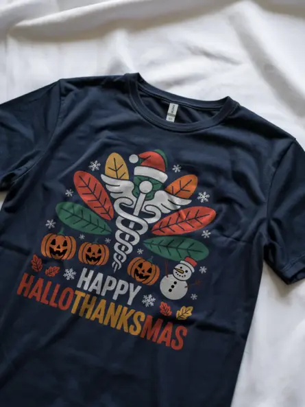 Funny Nurse Holiday Shirt – Hallothanksmas Tee for Healthcare Staff - Image 8