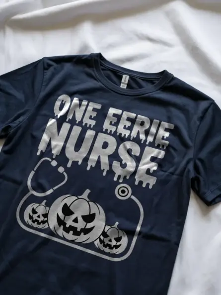 Eerie Nurse Shirt – Spooky Halloween Tee with Creepy Pumpkin Design - Image 8