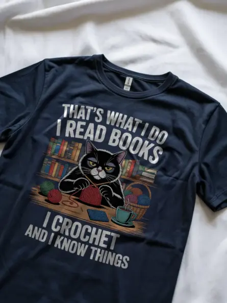 Funny Cat Lover Reading Crochet T-Shirt – Cozy Gift for Book Nerds - Image 8