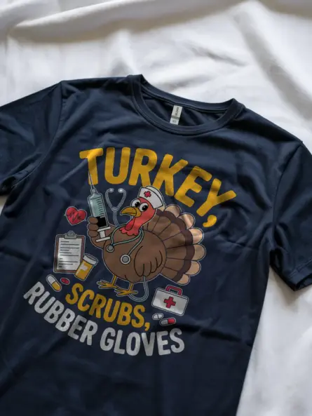 Funny Nurse Thanksgiving T-Shirt – Turkey Scrubs Rubber Gloves Tee - Image 8