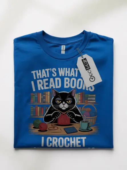 Funny Cat Lover Reading Crochet T-Shirt – Cozy Gift for Book Nerds - Image 10