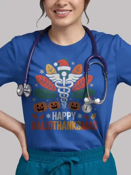 Funny Nurse Holiday Shirt – Hallothanksmas Tee for Healthcare Staff - Image 12