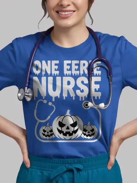 Eerie Nurse Shirt – Spooky Halloween Tee with Creepy Pumpkin Design - Image 12
