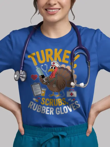 Funny Nurse Thanksgiving T-Shirt – Turkey Scrubs Rubber Gloves Tee - Image 12
