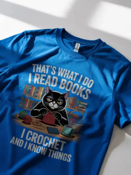 Funny Cat Lover Reading Crochet T-Shirt – Cozy Gift for Book Nerds - Image 11